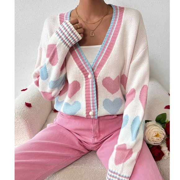 Heart Print Vday Valentine’s Oversized Button Down Cardigan - Picture 1 of 5